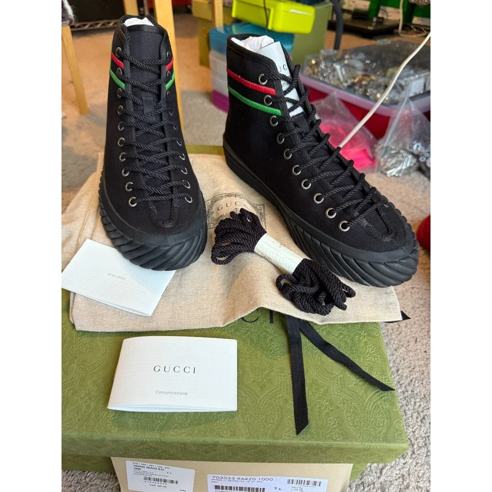 Gucci 703033 Mens Interlocking G High Black‎ Canvas Sneakers Sizd G 7.5